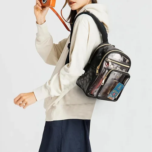 Vista 6 de Mochila transparente aprobada para estadios, resistente mini mochila transparente con bolsillo frontal para conciertos, eventos deportivos, trabajo