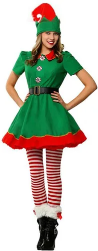 Vista 4 de Disfraz de elfo de Navidad, ropa de cosplay para la familia, conjunto de pantalones de vestir, ayudante de Papá Noel con medias a rayas, zapatos