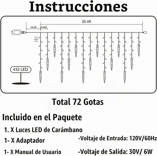 Vista 7 de LYHOPE Luces de Carámbanos de Navidad, 432 LED de 35.4 pies, 8 Modos de Luces de Carámbanos de Bajo Voltaje con 72 Gotas, Luces Parpadeantes