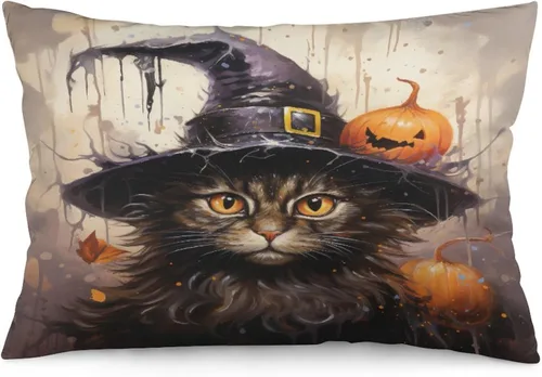 Vista 19 de Funda de almohada con sombrero de bruja con diseño de gato de 20 x 30 pulgadas, diseño de impresión de doble cara con cremallera invisible, Patrón 8