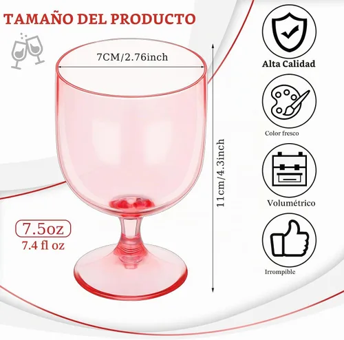 Vista 2 de Bokon - 16 copas de vino de plástico rosa de 7.5 onzas con tallo