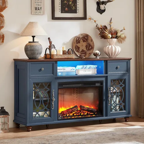 Vista 11 de Joaxswe Farmhouse - Soporte para TV con chimenea eléctrica y luces LED Negro