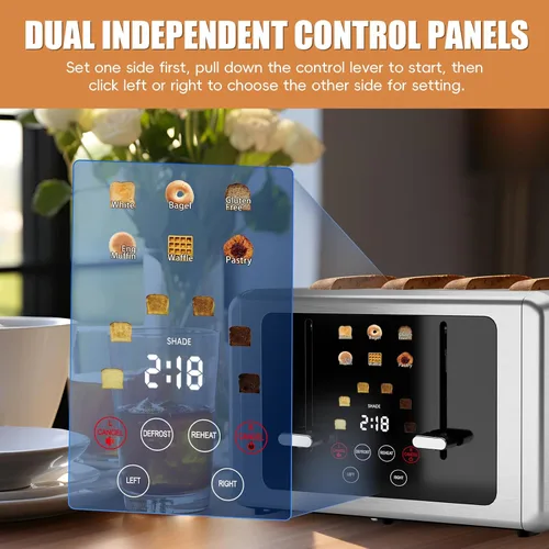 Vista 2 de WUNLY Tostadora de 4 rebanadas, pantalla táctil y panel de control independiente dual, 5 funciones básicas y tostadoras con cuenta regresiva Plateado