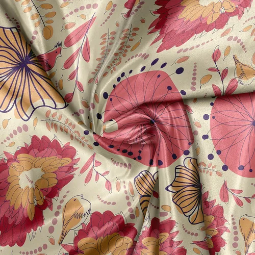 Vista 4 de Lunarable Spring Fabric by The Yard, Pastel Nature Botany Floral Theme with Curvy Lines Stems Petals Birds Dots, Decorative Satin Fabric for Home