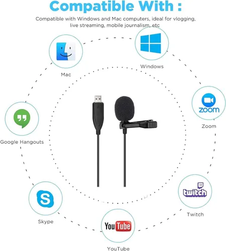 Vista 2 de Micrófono de solapa USB, micrófono de solapa de 9.84 pies para computadora, micrófono de condensador omnidireccional con clip de solapa para laptop