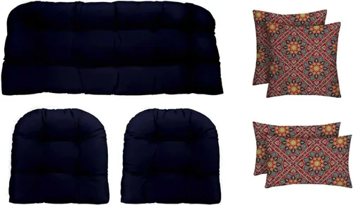 Vista 14 de RSH DECOR Juego de 7 piezas de mimbre copetudo para interiores y exteriores, sofá biplaza, cojines cuadrados y lumbares, hecho de telas aztecas