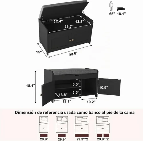 Vista 3 de HOMEFORT Banco para Zapatos de 30" con Almacenamiento de Tapa Elevable, Banco de Entrada con Asiento Acolchado, Banco de Madera para Pie de Cama