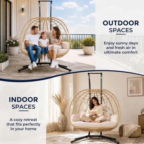 Vista 8 de SWITTE Silla columpio de huevo colgante doble al aire libre con soporte y 2 Asientos-crema