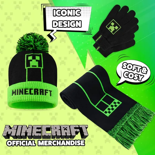 Vista 3 de Minecraft Cold Weather Set - Creeper Beanie Hat Scarf and Gloves Set Kids Winter Set