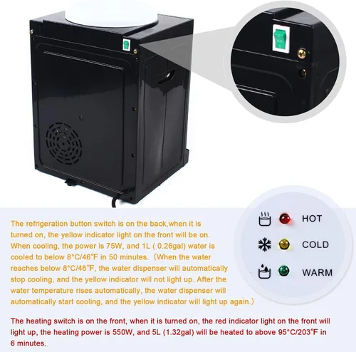 Vista 5 de Dispensador de enfriador de agua de carga superior – Dispensador eléctrico de escritorio caliente y frío, 3 ajustes de temperatura agua hirviendo