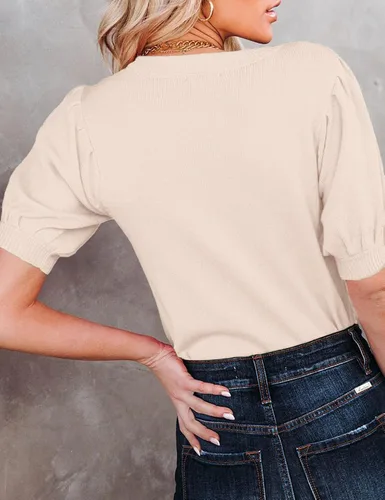Vista 4 de Foonid Suéter de manga corta abombada para mujer, cuello redondo, ligero, de punto, básico, color liso, blusa