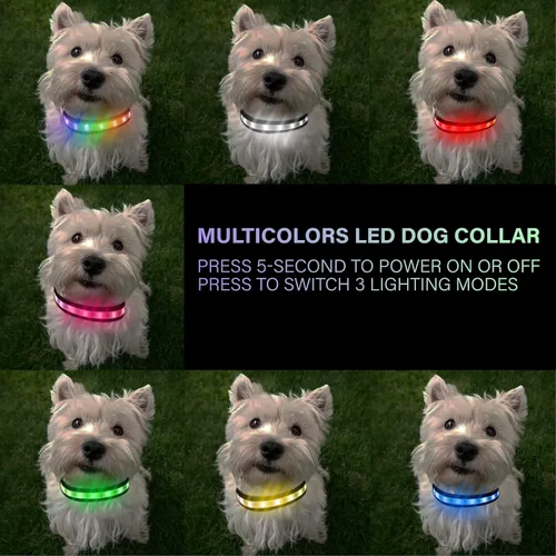 Vista 2 de Collar de perro con luz LED, multicolor con 3 modos de brillo, collar recargable que brilla en la oscuridad para perros pequeños, medianos