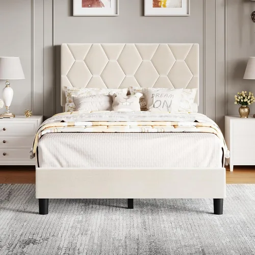 Vista 3 de GarveeHome Marco de Cama de Plataforma Tamaño Twin con Cabecera Tapizada y Soporte de Listones de Madera, Base de Colchón Tapizada/No Necesita Beige