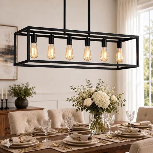 Vista 11 de Iluminación negra para isla de cocina, moderna lámpara rectangular de jaula lineal, 3 luces, lámpara colgante de metal industrial para granja