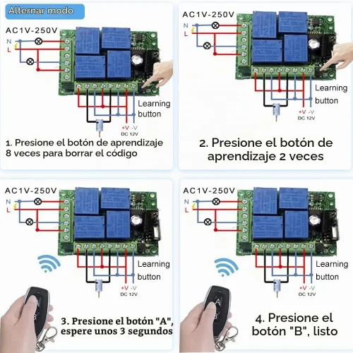 Vista 5 de QIACHIP - Relé de 12 V CC, mando a distancia inalámbrico con interruptor RF, control remoto de 4 canales, módulo 433 MHz, kit de transmisor y 1