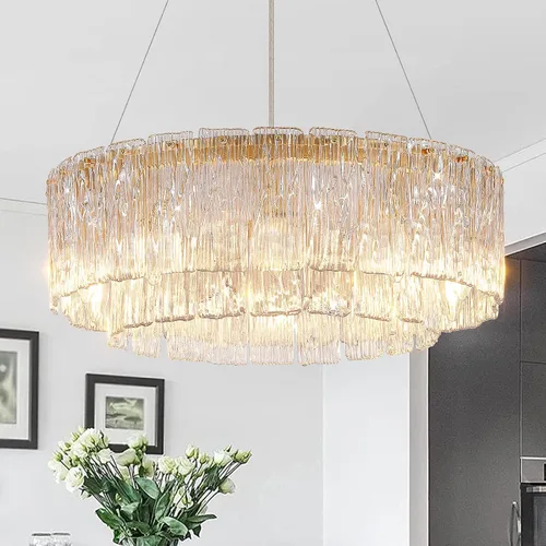 Vista 16 de CATINER Candelabro de cristal de 20 pulgadas, moderno, 6 luces, lámparas de tambor dorado, iluminación colgante de techo de lujo para entrada