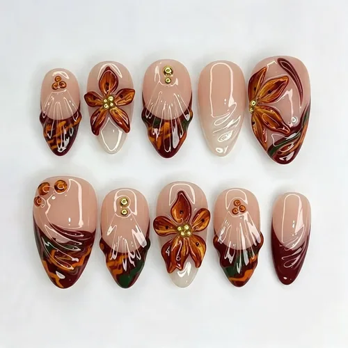 Vista 32 de Uñas postizas largas a presión, color negro, diseño francés y floral, 24