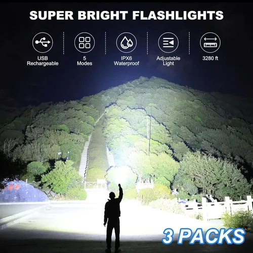 Vista 2 de Kmivo 3 Pack Rechargeable Flashlight High Lumens, 990,000 Lumens Bright LED Flashlights with Adjustable Focus, 5 Modes, IPX7 Waterproof Powerful