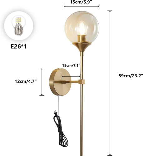Vista 2 de KCO Lighting Mid-Century - Juego de 2 apliques de pared con cable de cristal dorado, lámparas de pared modernas industriales de brazo largo