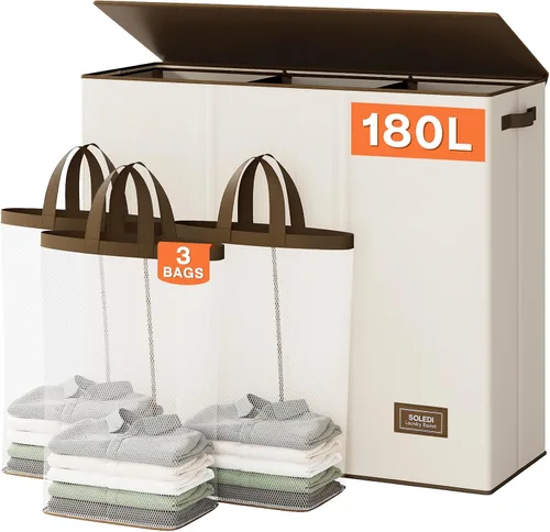 Vista 25 de SOLEDI Cesta de lavandería de 3 secciones de 180L con tapa, cesta de ropa sucia extragrande con asas resistentes para lavandería y dormitorio