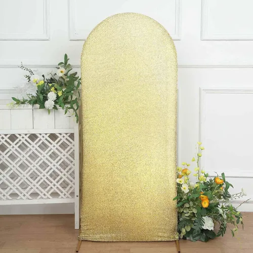 Vista 20 de Efavormart - Marco de fondo redondo de elastano dorado antiguo brillante de 5 pies, cubierta metálica brillante para arco de boda de 2 lados