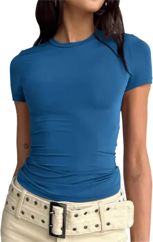 Vista 2 de Camisetas cortas básicas para mujer, estilo casual, para salir, a la moda, ajustadas, de manga corta, ajustadas, para adolescentes, niñas, lindas