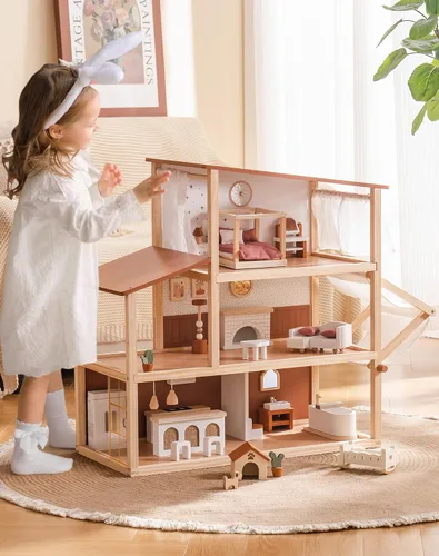 Vista 2 de ROBOTIME Casa de muñecas de madera, casa de muñecas para niñas, casa de muñecas de estilo bohemio de 3 pisos con muebles y toldo de 37 piezas, casa