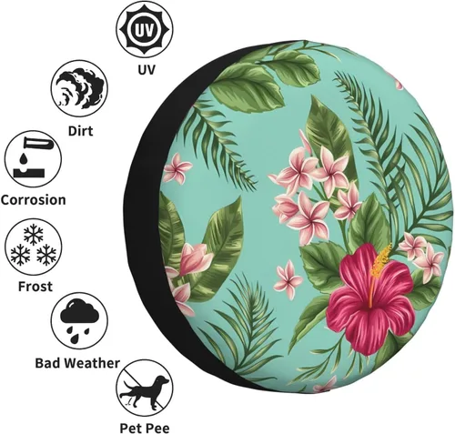 Vista 3 de Funda de repuesto para neumáticos de repuesto con hojas tropicales hawaianas, protección solar, ajuste universal para remolque, RV, SUV, camión