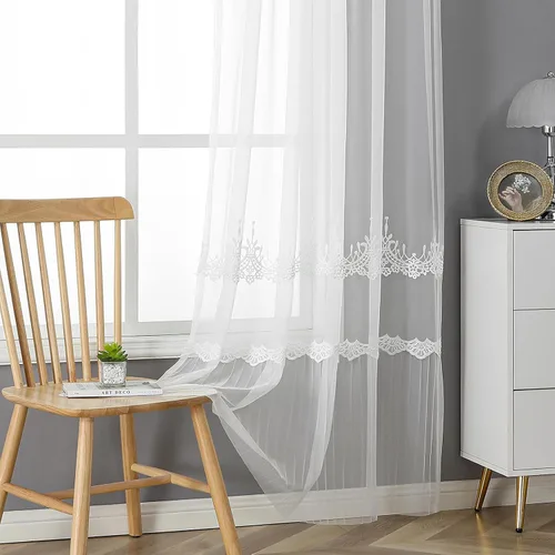 Vista 49 de VISIONTEX 2 paneles de cortinas traslúcidas de 63 in de largo, cortinas de gasa semitransparentes bordadas con hojas florales beige, bolsillo