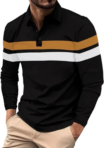 Vista 8 de Camisa polo para hombre, manga larga, cuello abotonado, bloque de color, moda para trabajo y golf