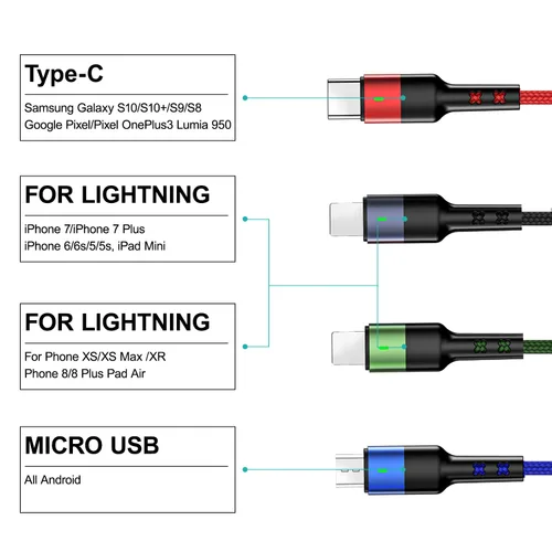 Vista 2 de USAMS - Paquete de 2 cables de carga múltiple de nailon trenzado, 4 pies, 4 en 1, cable de carga USB con teléfono/tipo C/conector micro USB