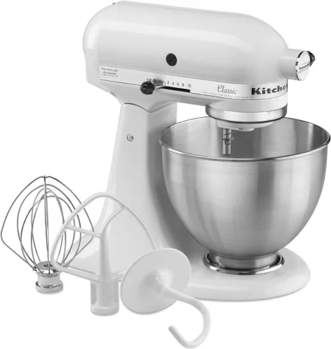 Vista 2 de KitchenAid Classic Series - Batidora de pie con cabezal inclinable de 4.5 cuartos K45SS, color blanco y KHM926ER Empire Red de 9 velocidades