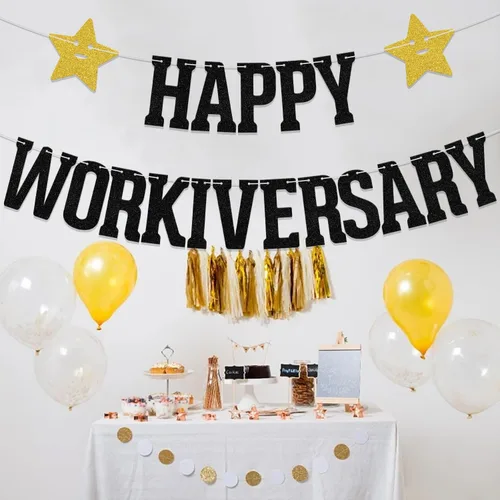 Vista 7 de Cartel con texto en inglés «Happy Workiversary», decoración de fiesta de aniversario de trabajo, oficina, aniversario, fiesta, suministros de Negro