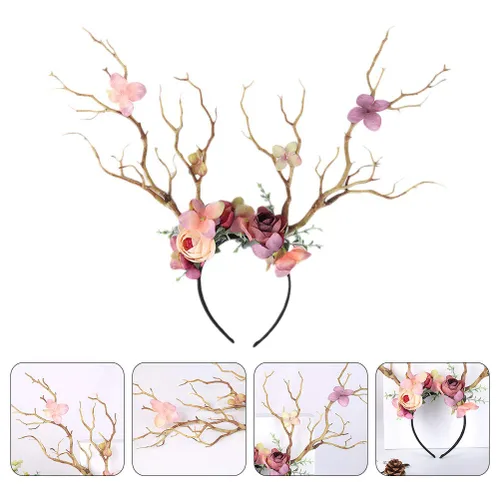 Vista 5 de Minkissy Diadema de cornamenta de ciervo, diadema de cuernos de reno de Navidad, diadema de ramas de árbol, tocado para el cabello, accesorios