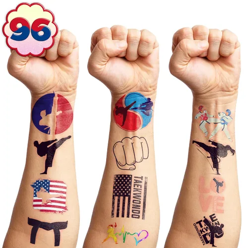 Vista 9 de 96 tatuajes temporales precortados de Taekwondo - Recuerdos de fiesta temática de karate y kung fu, lindos tatuajes falsos para niños, niños