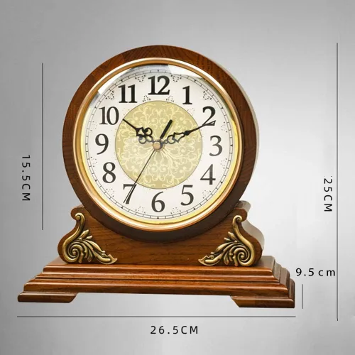 Vista 2 de FBITE - Reloj de mesa antiguo de madera de roble, reloj de estante decorativo con pilas, reloj de mesa de vidrio HD, fácil de leer