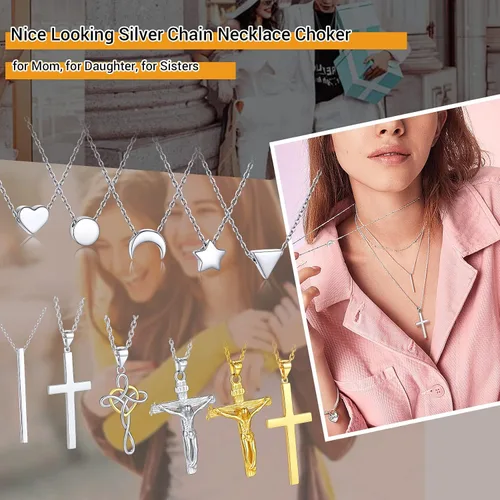 Vista 6 de PROSILVER Collar delicado de plata de ley 925 para mujer, corazón, cruz, redondo, estrella, luna, triángulovertical, 16 a 18 pulgadas ajustable