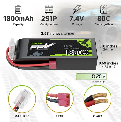Vista 2 de OVONIC Batería Lipo de 7.4V 80C 1800mAh 2S con enchufe T