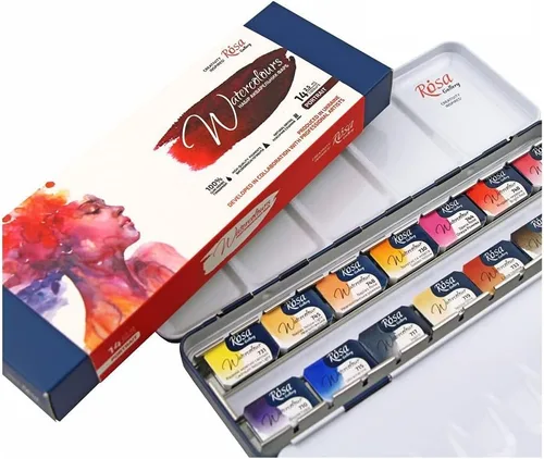 Vista 7 de Rosa Gallery Juego de pintura de acuarela, paleta 'Retrato' sartenes completas caja de metal de 14 colores, acuarelas profesionales extra finas