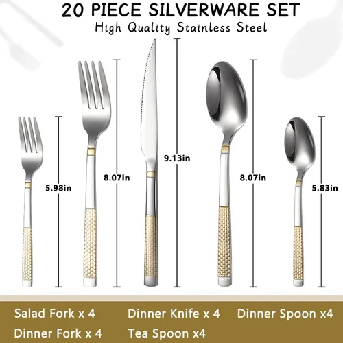 Vista 2 de Juego de cubiertos de acero inoxidable de 20 piezas para 4 utensilios de cocina, incluye tenedores, cucharas, cuchillos para el hogar, restaurante