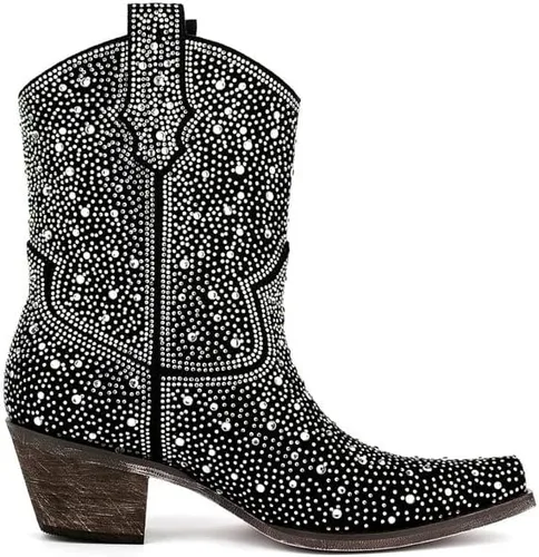 Vista 3 de sexytag Botas vaqueras brillantes con diamantes de imitación para mujer, tacón bajo y grueso, punta cuadrada, botines de meter