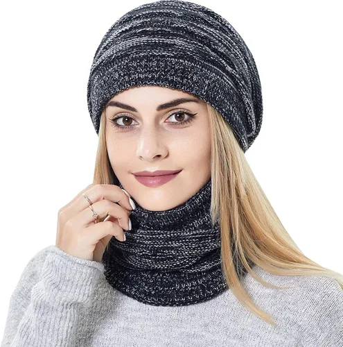 Vista 3 de Conjunto de gorro y bufanda para mujer de punto cálido gorro de esquí de invierno con forro polar