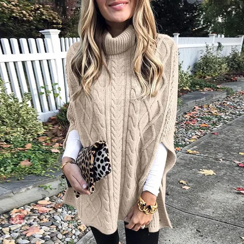 Vista 2 de Suéter tipo poncho para mujer, tejido de punto trenzado, cuello alto, capa de chales, suéter para otoño e invierno
