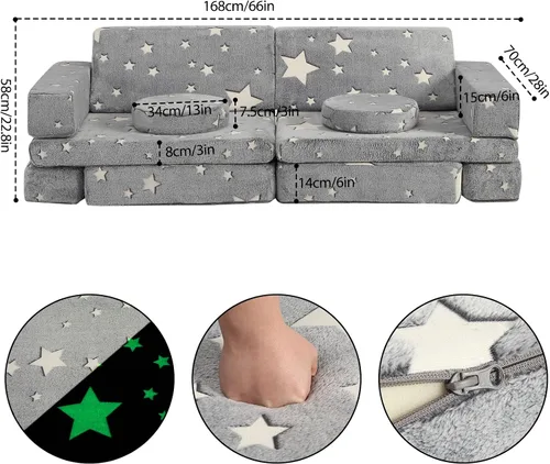 Vista 3 de Sofá modular para niños, sofá convertible de 12 piezas, estrella que brilla en la oscuridad para jugar, crear dormir, dormitorio, sala