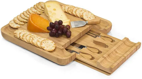 Vista 5 de COMMERCIAL CHEF Tabla de cortar de bambú de alta calidad, juego de madera para charcutería, bandeja para servir, juego de 4 cuchillos de acero