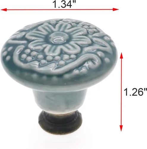Vista 2 de 12 pomos de cerámica verde para gabinete, pomos decorativos florales para cajones, tiradores de muebles hechos a mano, 1.34 pulgadas de diámetro
