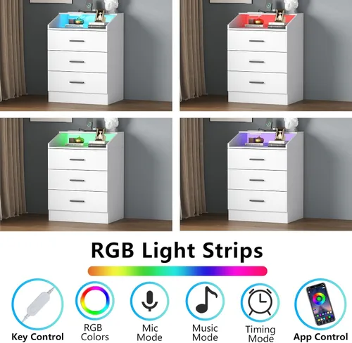 Vista 5 de Gyfimoie Cómoda de 3 cajones para dormitorio con toma de corriente, cómoda blanca con luz LED, cómodas modernas con cubículo de almacenamiento