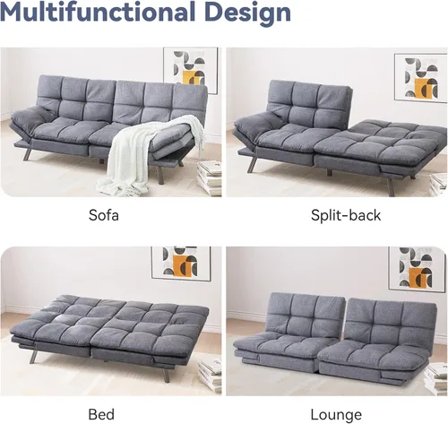Vista 5 de Hcore Sofá cama convertible con respaldo dividido para sala de estar, oficina, apartamento, sofá biplaza de espuma viscoelástica, sofá pequeño Gris