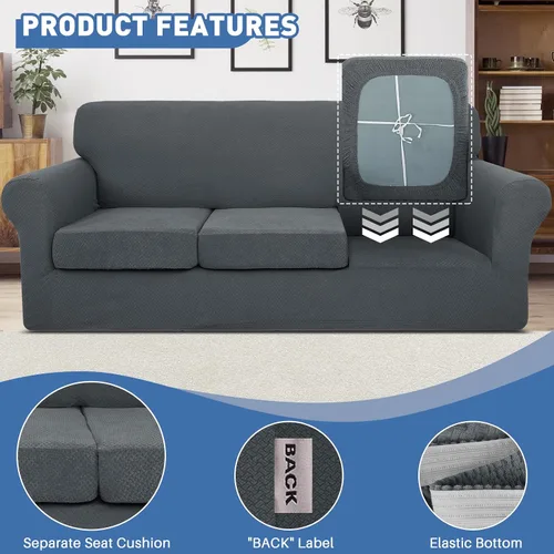 Vista 4 de JIVINER Fundas de Sofá de 4 Piezas para Sofá de 3 Cojines Funda Elástica de Sofá con 3 Fundas de Cojines de Asiento Funda Gruesa Ajustada de Sofá