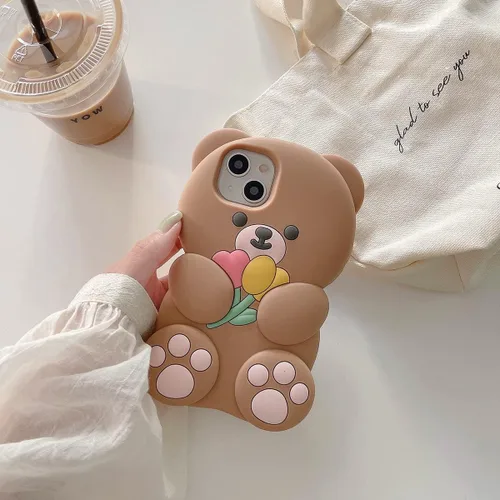 Vista 2 de Fundas de teléfono Kawaii para iPhone 6 Plus/7 Plus/8 Plus, linda funda de teléfono de oso de dibujos animados con flor, funda de teléfono de oso